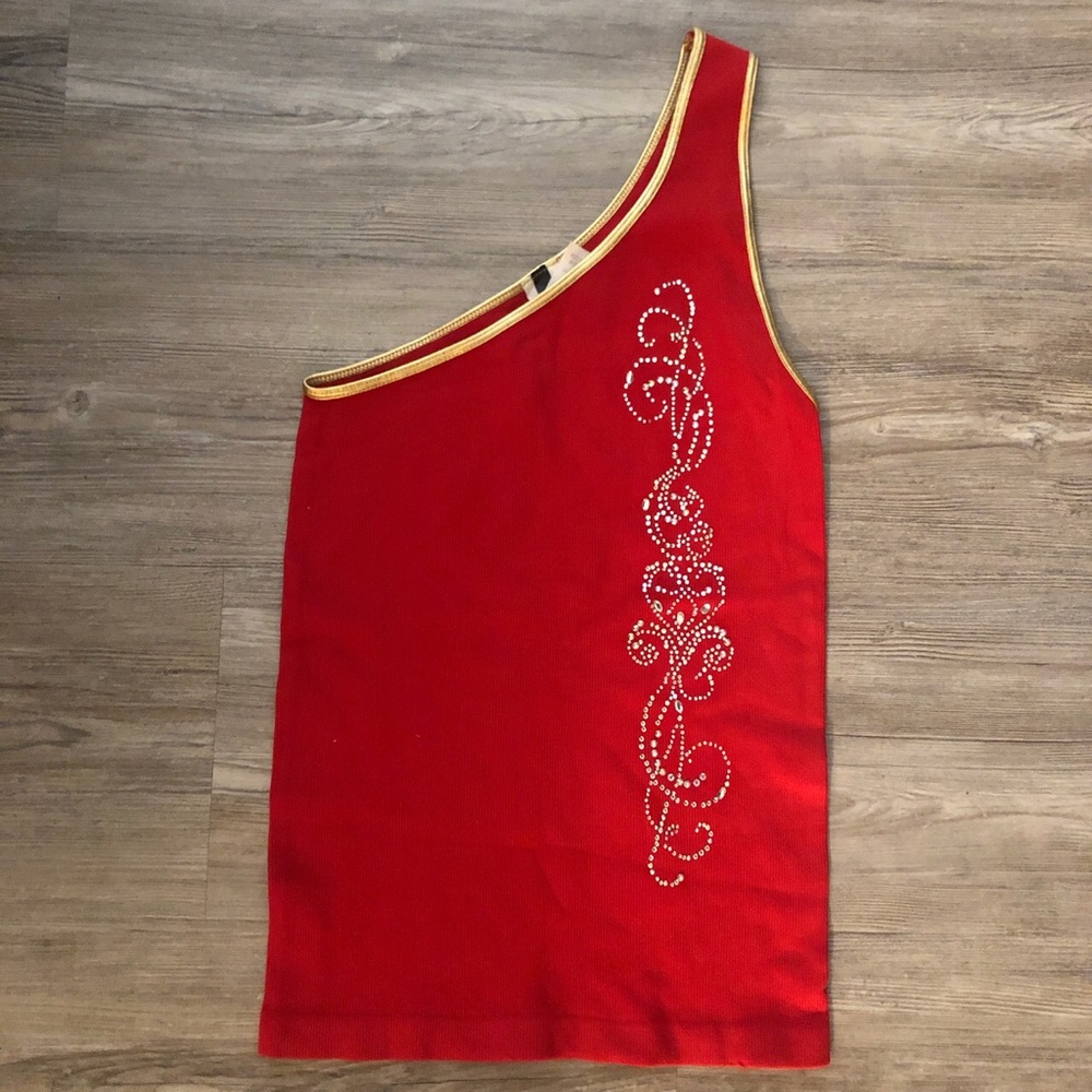 Red rhinstone one shoulder tank